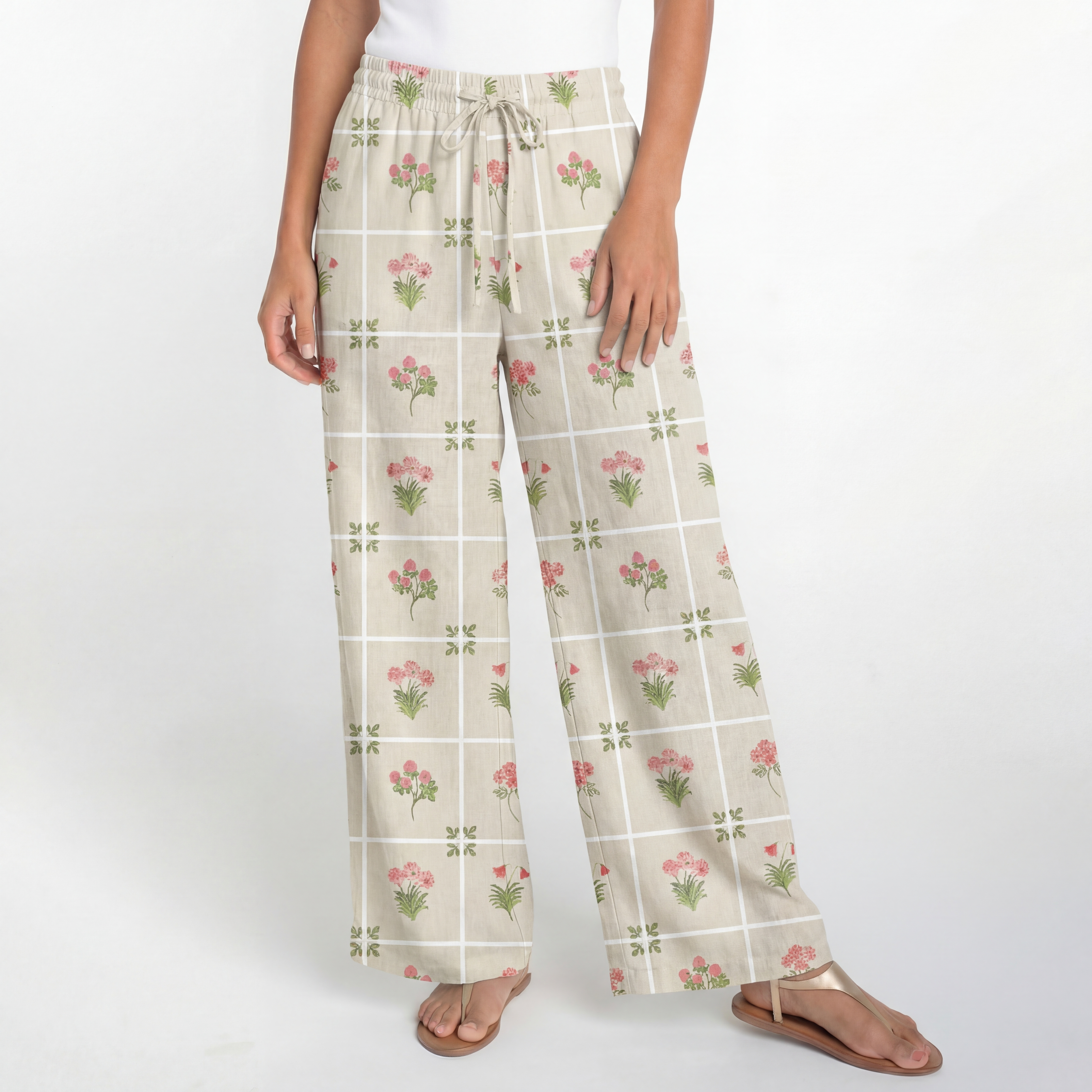  Boho Meadow Tile Bloom Wide Leg Tie Waist Pants With Pockets